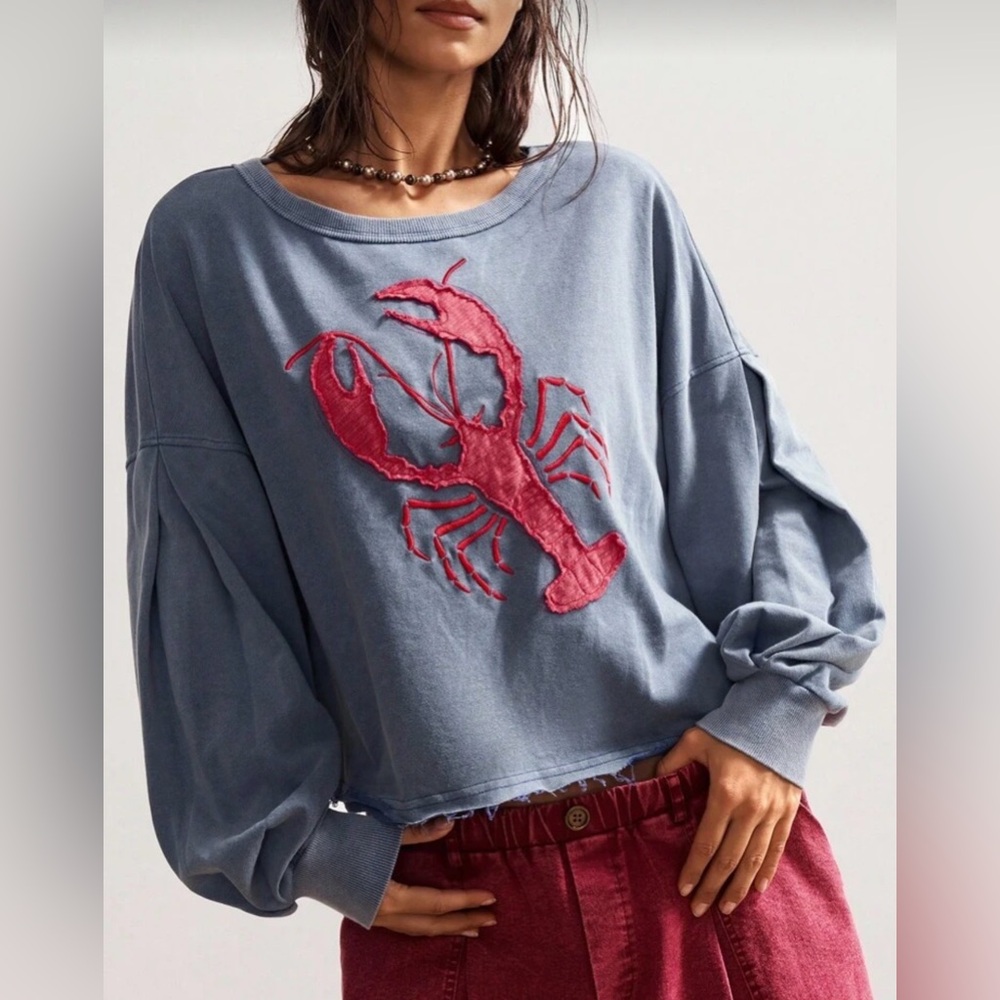 Blue Long Sleeve Top with Red Lobster Design